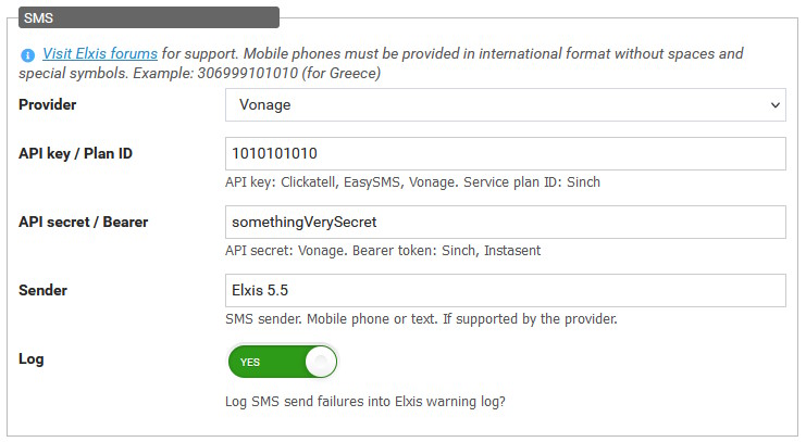 Ρυθμίσεις SMS στο Elxis CMS